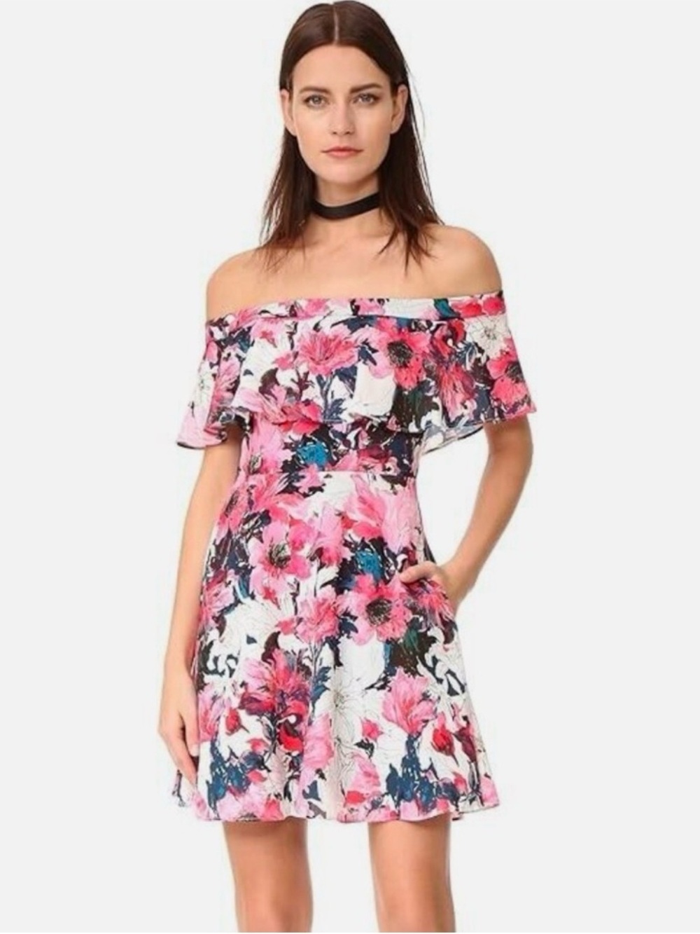 Black halo Penelope Off-Shoulder Pink Floral Dress with Ruffle